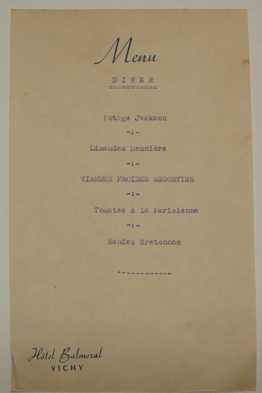 France French Hotel Balmoral Menu Vichy