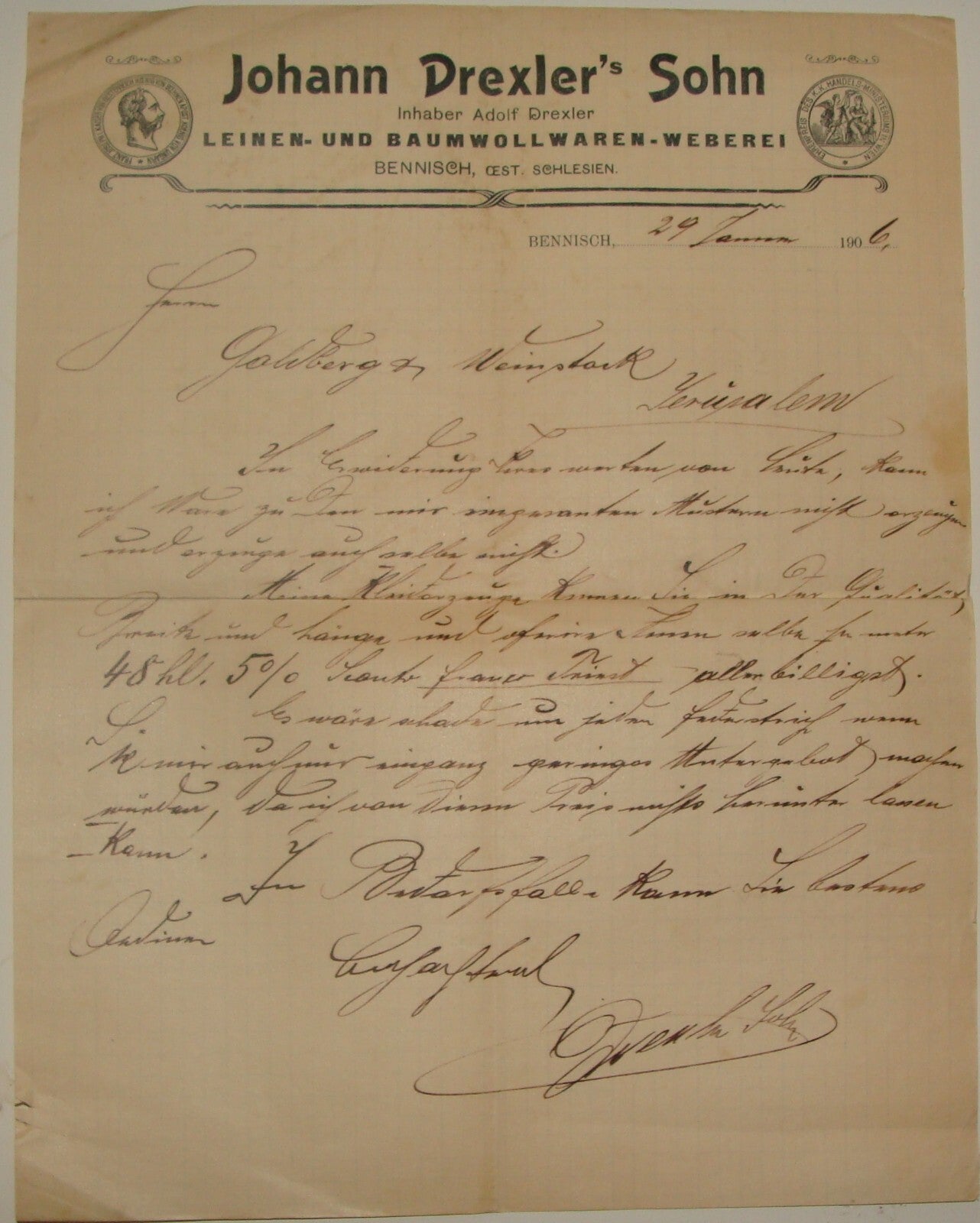 1906 German Austria Silesia Bennisch Letter Johann Drexler Sohn Company