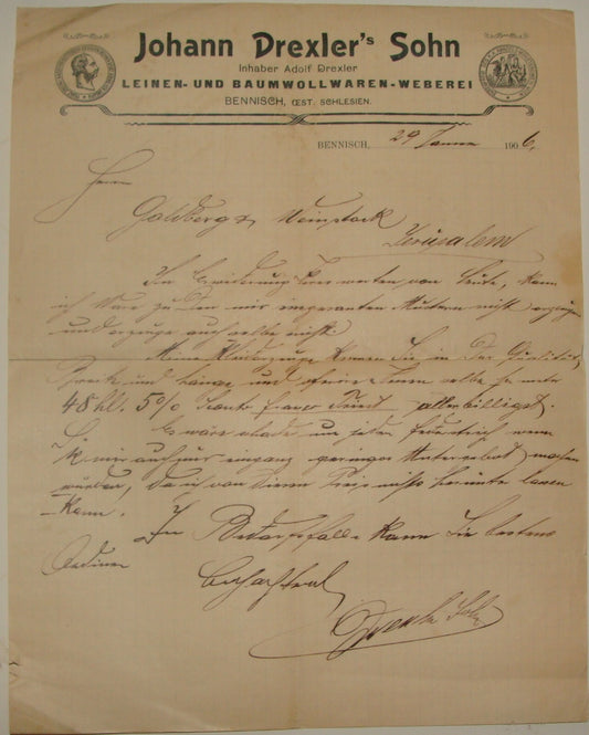 1906 German Austria Silesia Bennisch Letter Johann Drexler Sohn Company