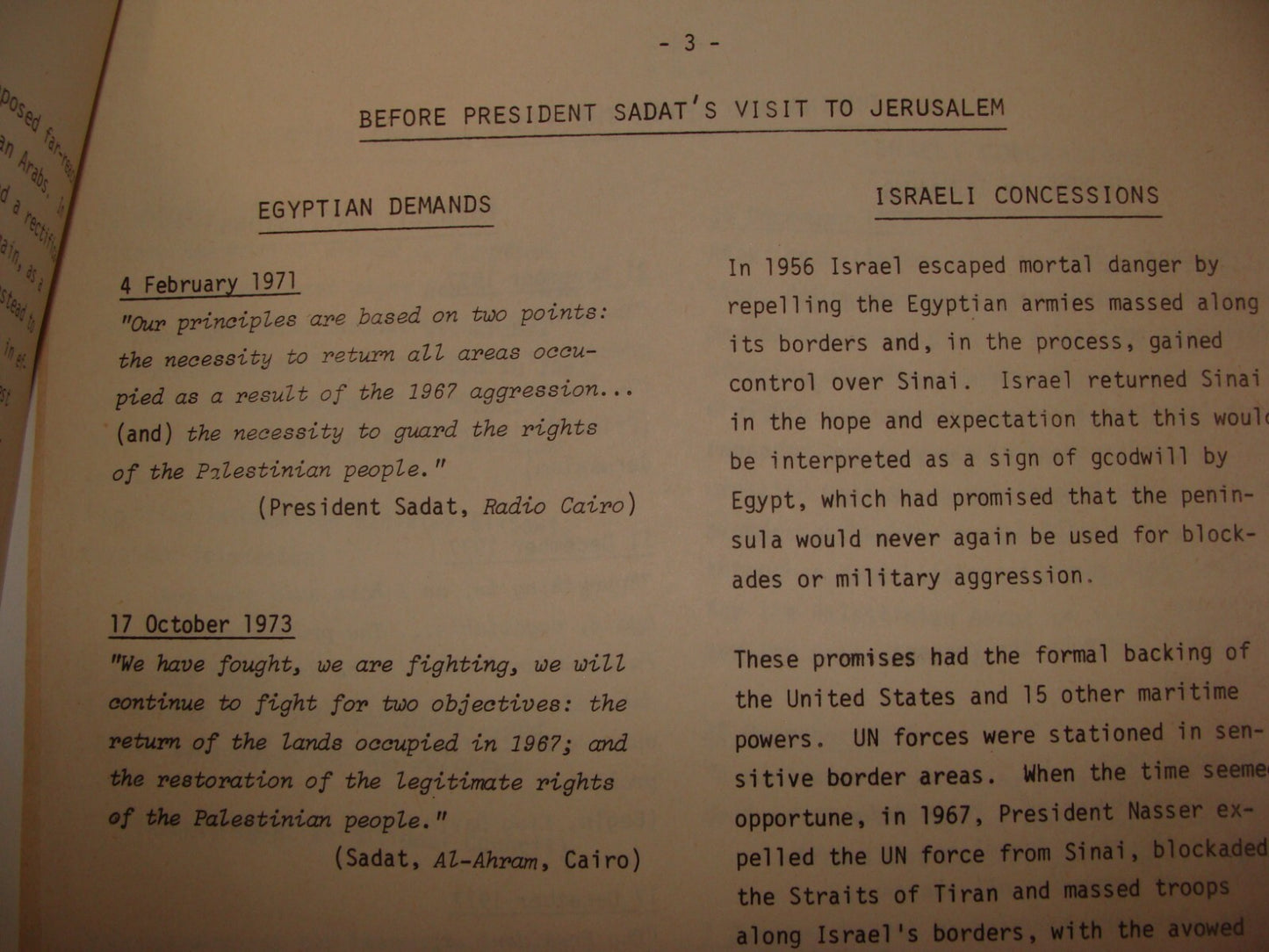 Paper Jewish Judaica 1974-8 Israel Israeli Foreign Affairs Egypt SADAT Peace