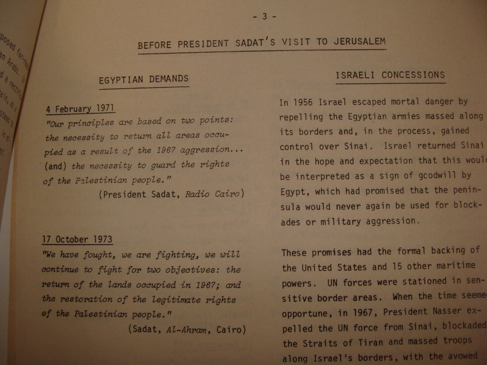 Paper Jewish Judaica 1974-8 Israel Israeli Foreign Affairs Egypt SADAT Peace