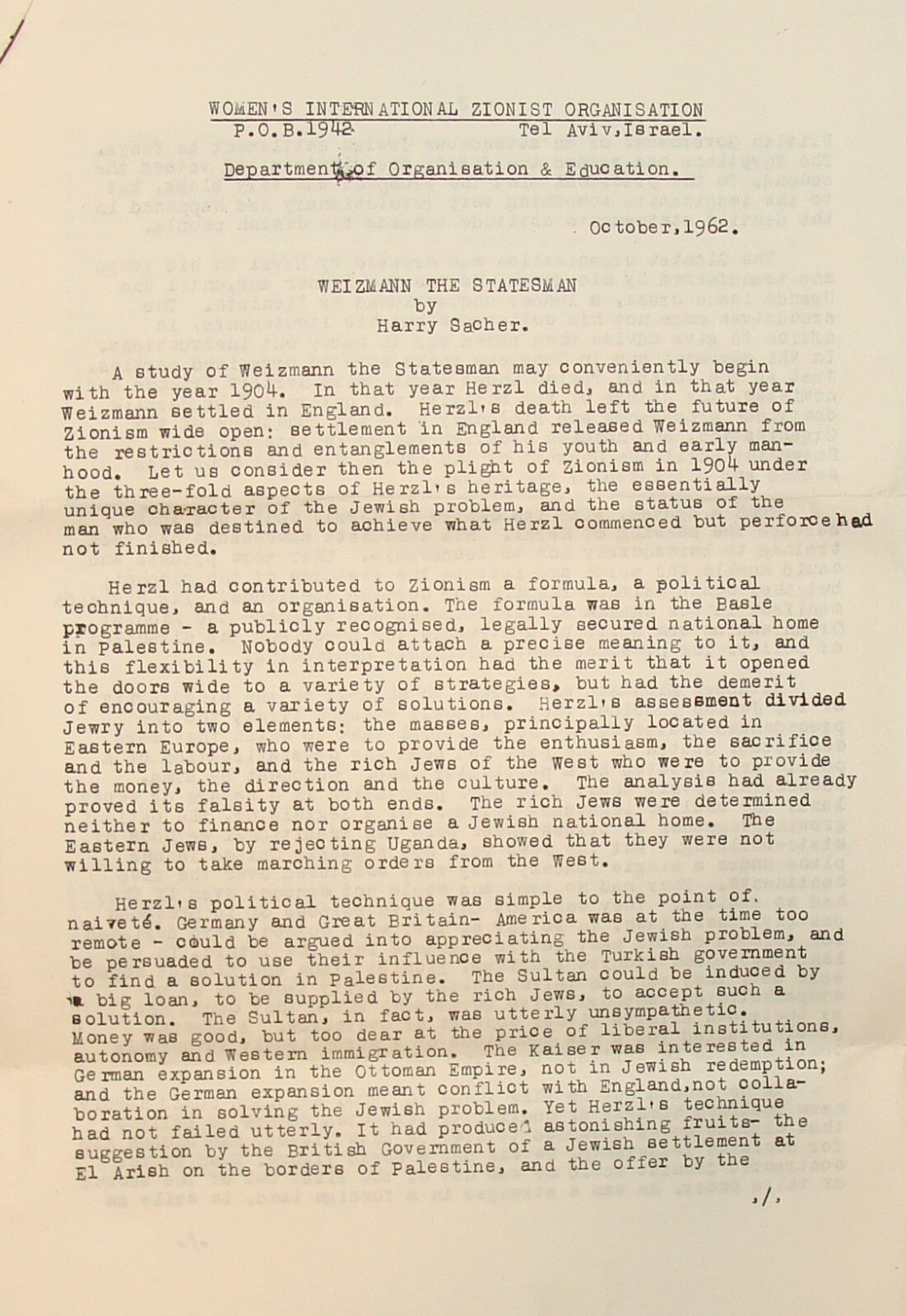 Paper Jewish Judaica 1962 Women Zionist Organization Chaim Weizmann Israel