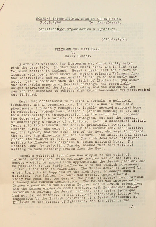 Paper Jewish Judaica 1962 Women Zionist Organization Chaim Weizmann Israel