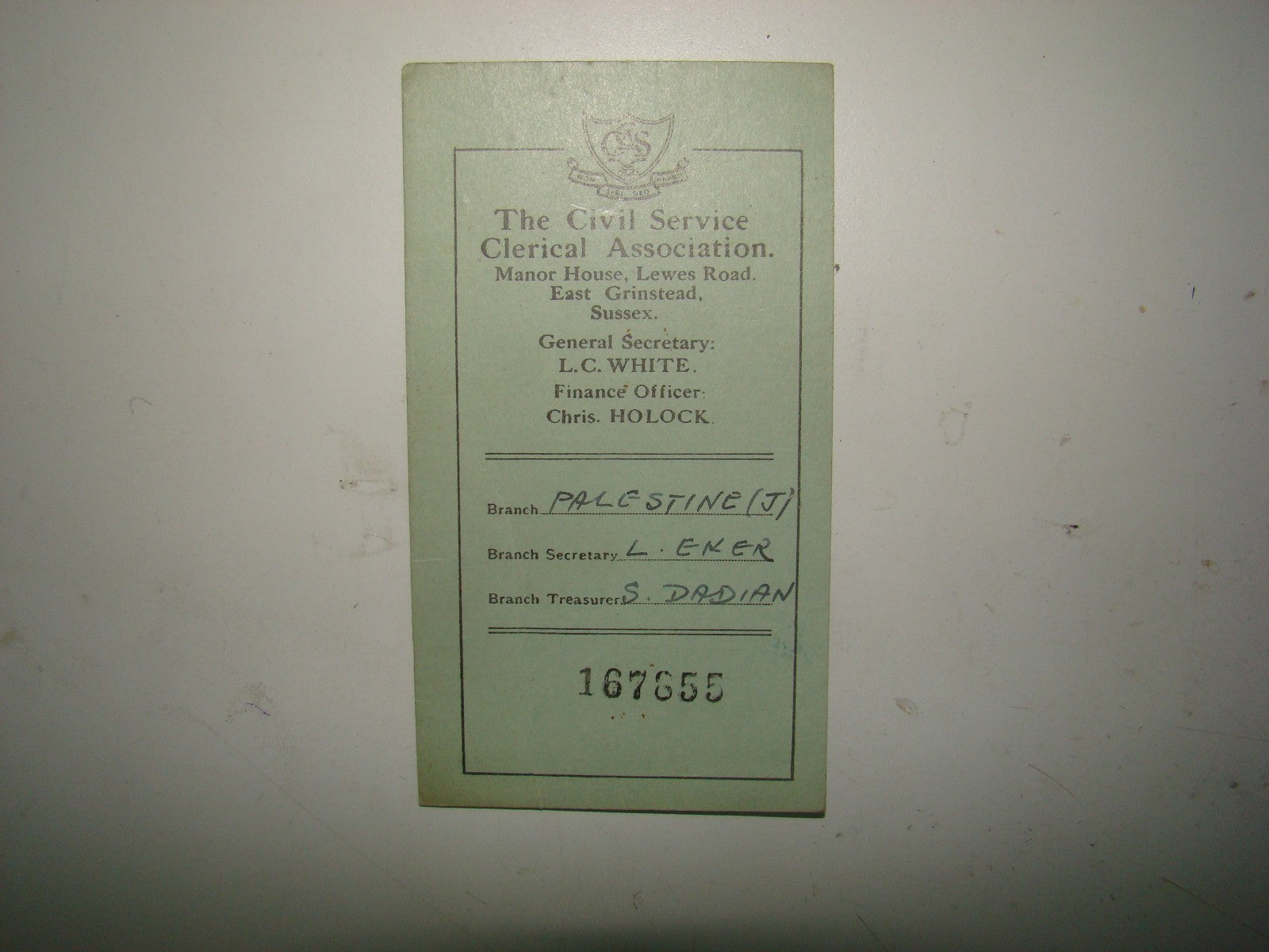 card Palestine jewish 1946 civil service clerical association CSCA british ID