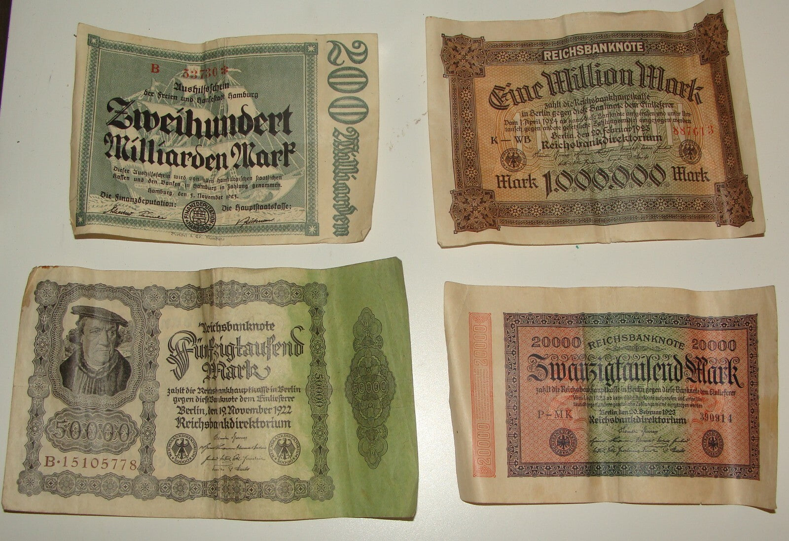 Germany 1922 1923   20000 \ 50000 \ 200 Milliarden \ 1000000 Mark Banknote x4