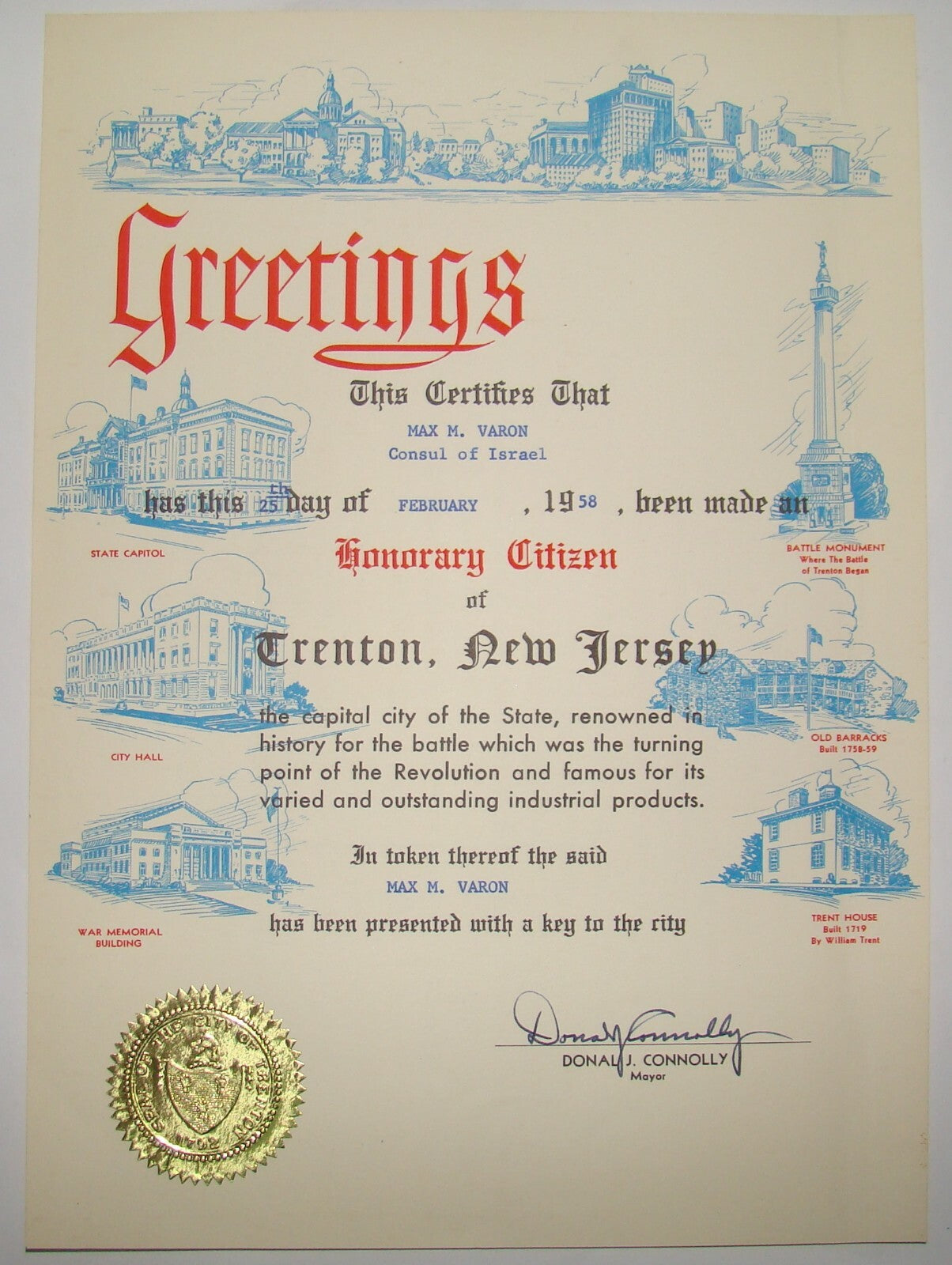 Donal J. Connolly Mayor Trenton New Jersey Signed Letter Honorary Citizen 1958