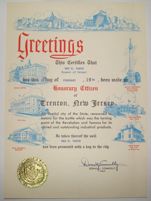 Donal J. Connolly Mayor Trenton New Jersey Signed Letter Honorary Citizen 1958