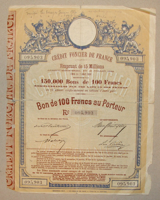 1890s? Credit Foncier De France Bank Bond Certificate French