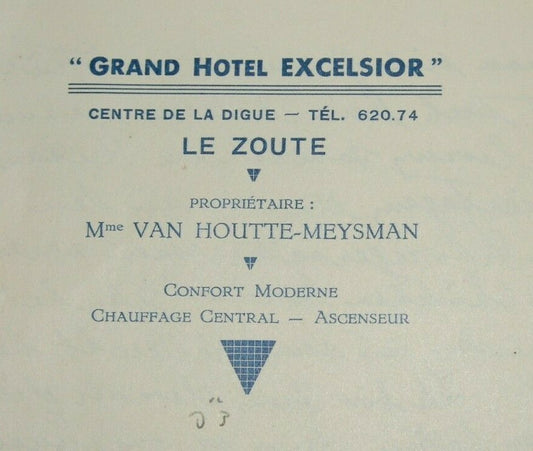 GRAND HOTEL EXCELSIOR hotel letterhead logo 1938 Belgium french