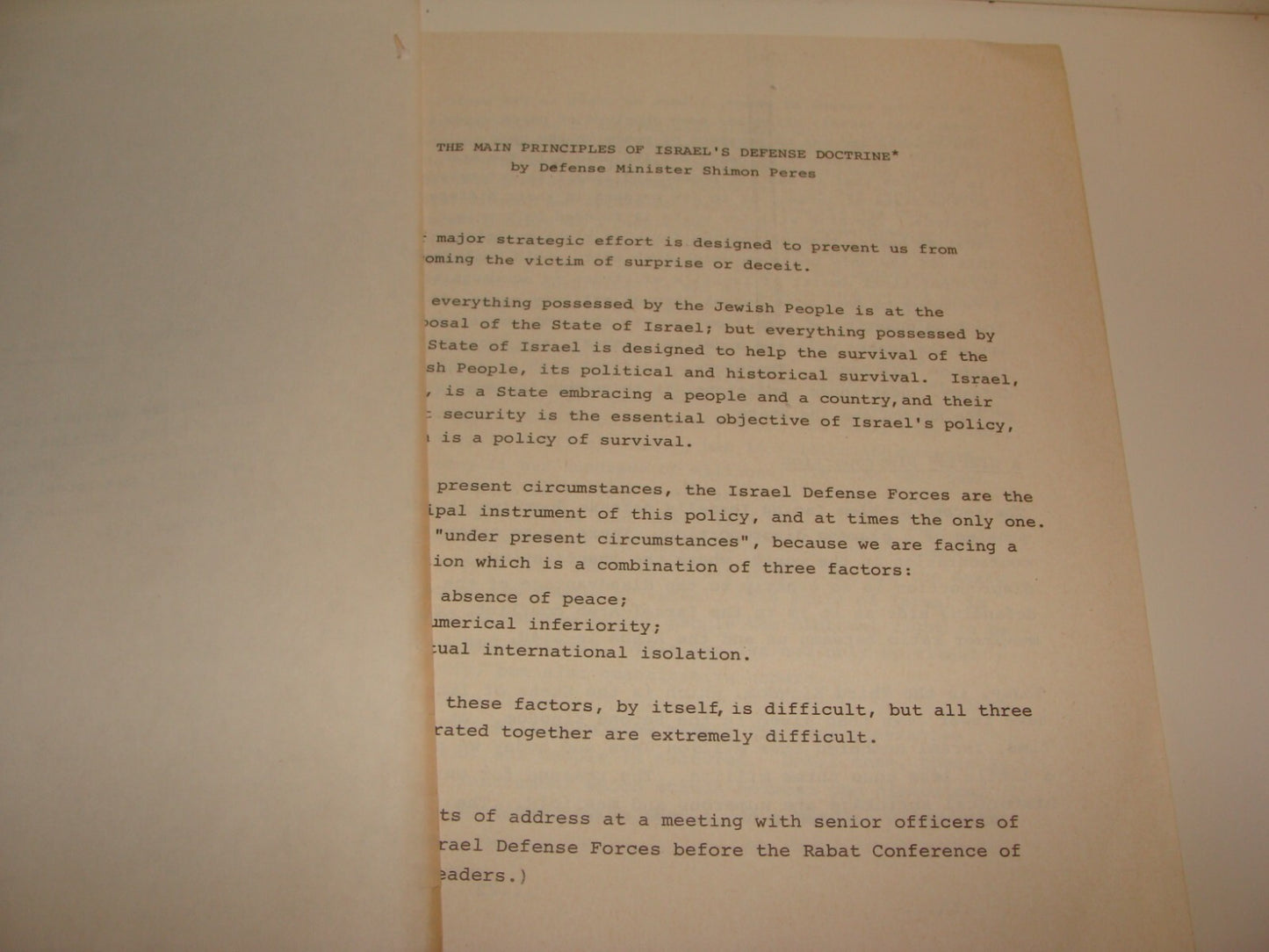 Pol Jewish Israel Israeli Government Foreign Affairs SHIMON PERES Speech 1974