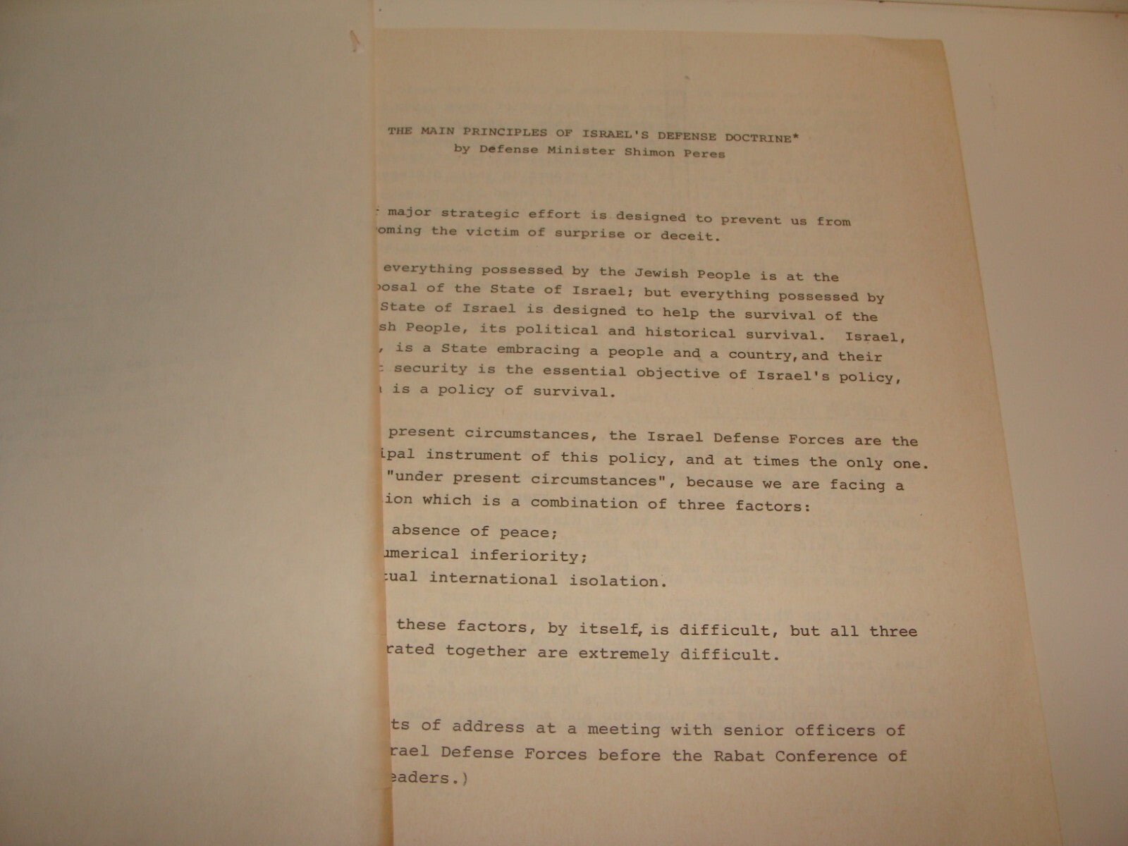 Pol Jewish Israel Israeli Government Foreign Affairs SHIMON PERES Speech 1974