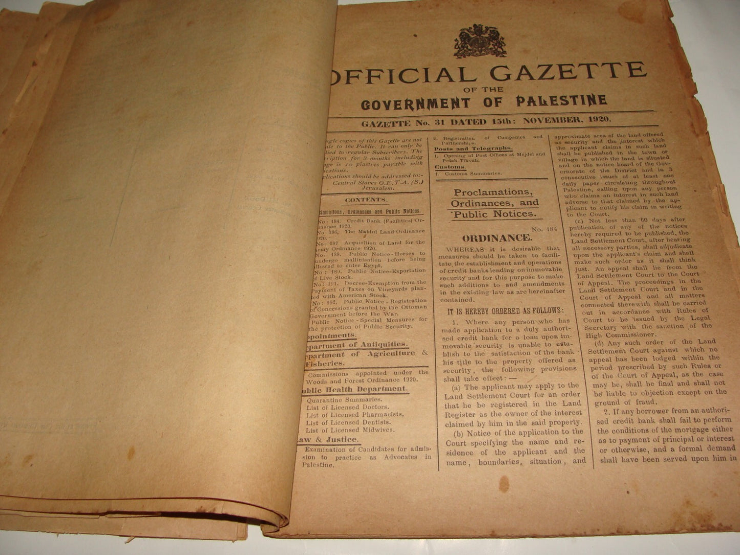 Pol Newspaper Palestine RARE British Government of Gazette OETA SOUTH 1920