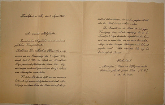 Germany Letter Jewish Judaica 1910 German Frankfurt Rabbi Markus Horovitz Memory