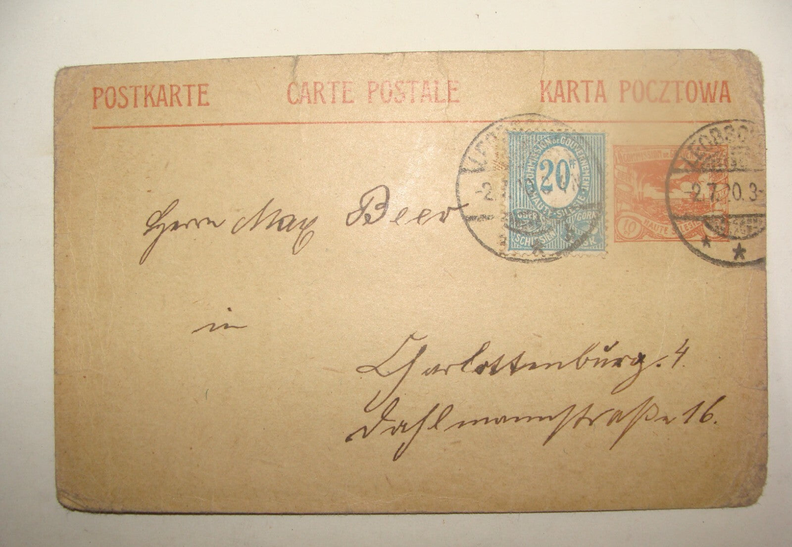 Germany 1920 German   Haute Silesie 10 pf 20 pf Stamp Postcard