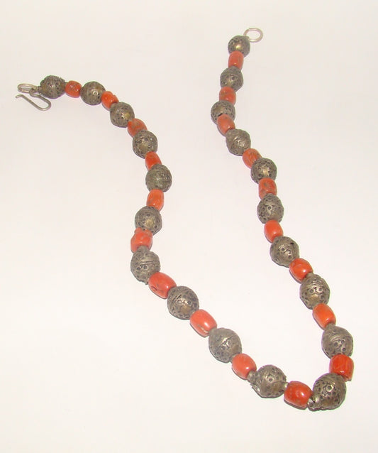 Antique Vintage Yemenite ? Coral And Silver Necklace Pendant Traditional Jewelry