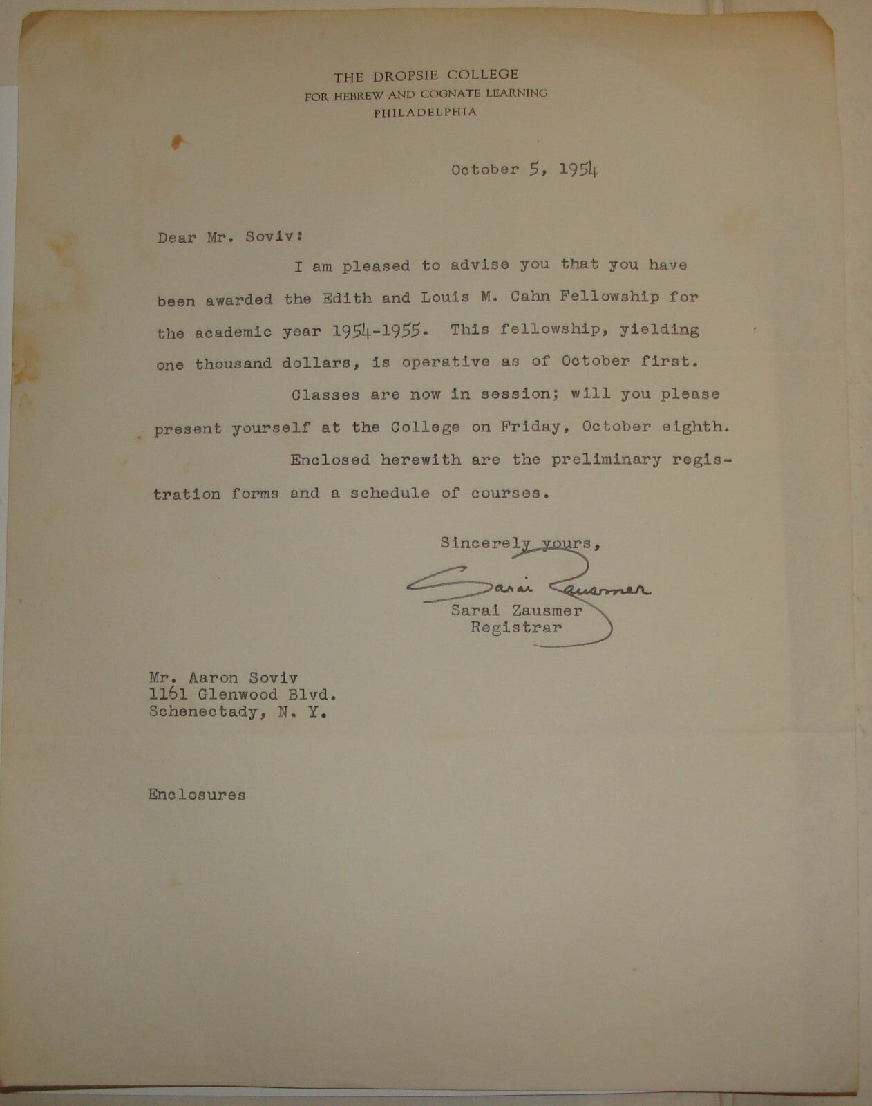 Letter Jewish American Judaica 1954 United States Philadelphia Hebrew Zausmer