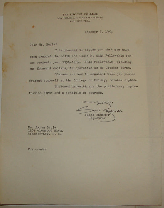 Letter Jewish American Judaica 1954 United States Philadelphia Hebrew Zausmer