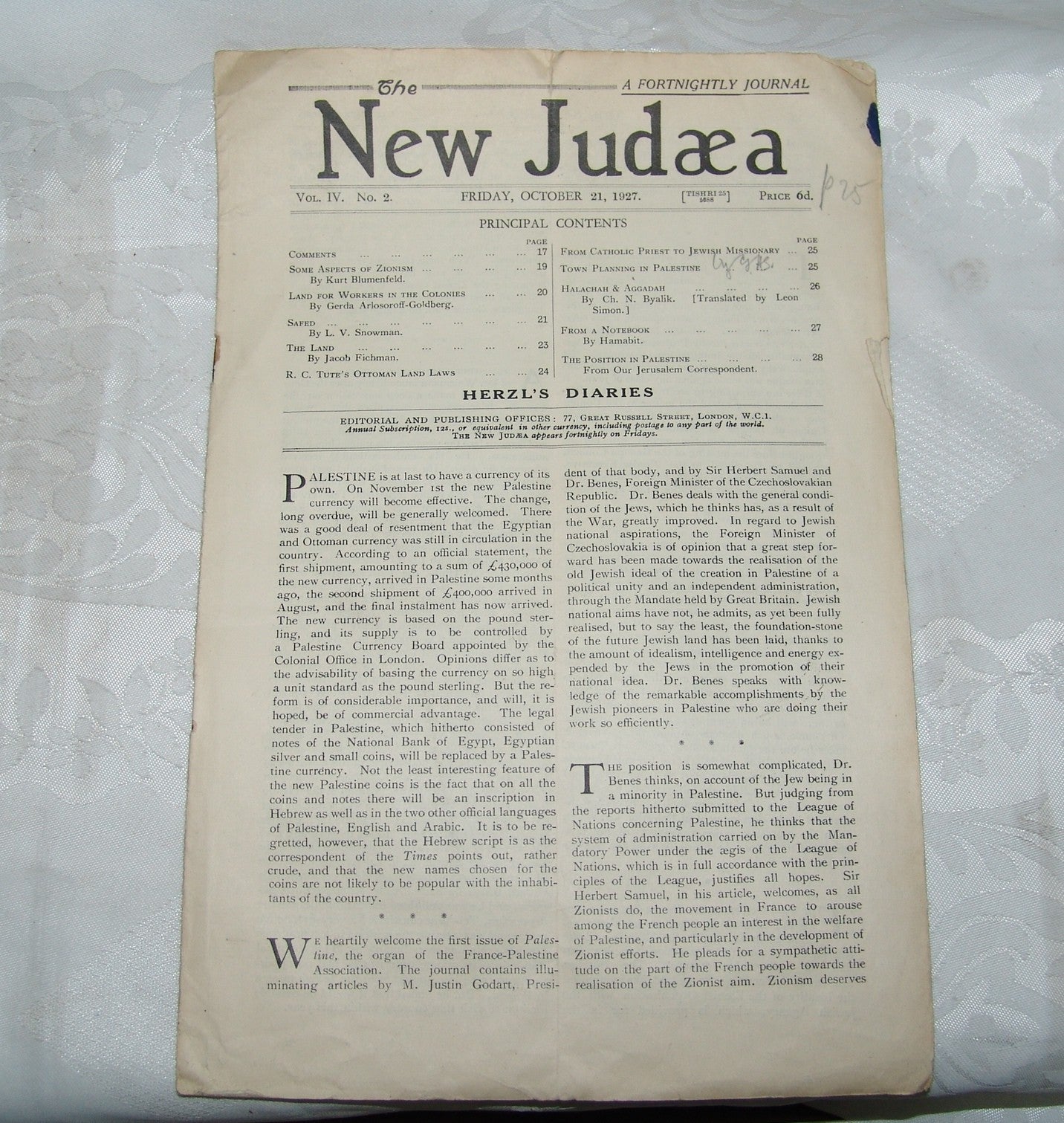 Newspaper Jewish Judaica The New Judæa Zionist Organization Journal 1927 Bialik