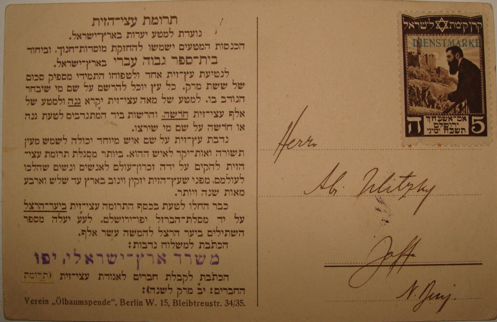 Germany Card Palestine RARE Judaica 1916 German Koln Jewish Postcard Tree Fund