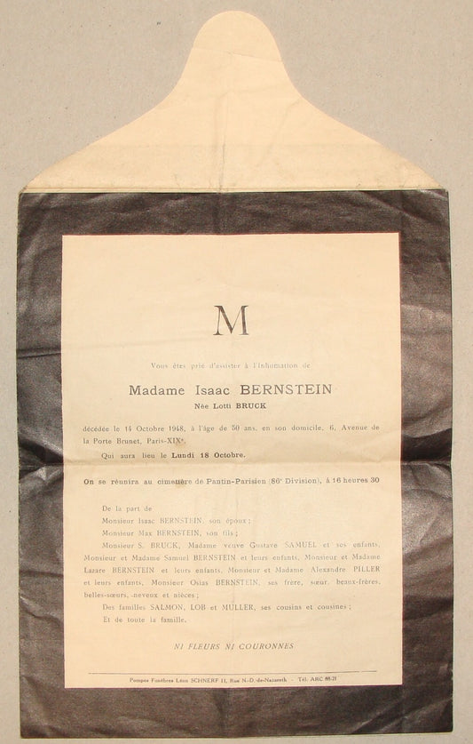 Jewish Judaica 1948 France French Paris Burial Cemetery BERNSTEIN BRUCK SALMON