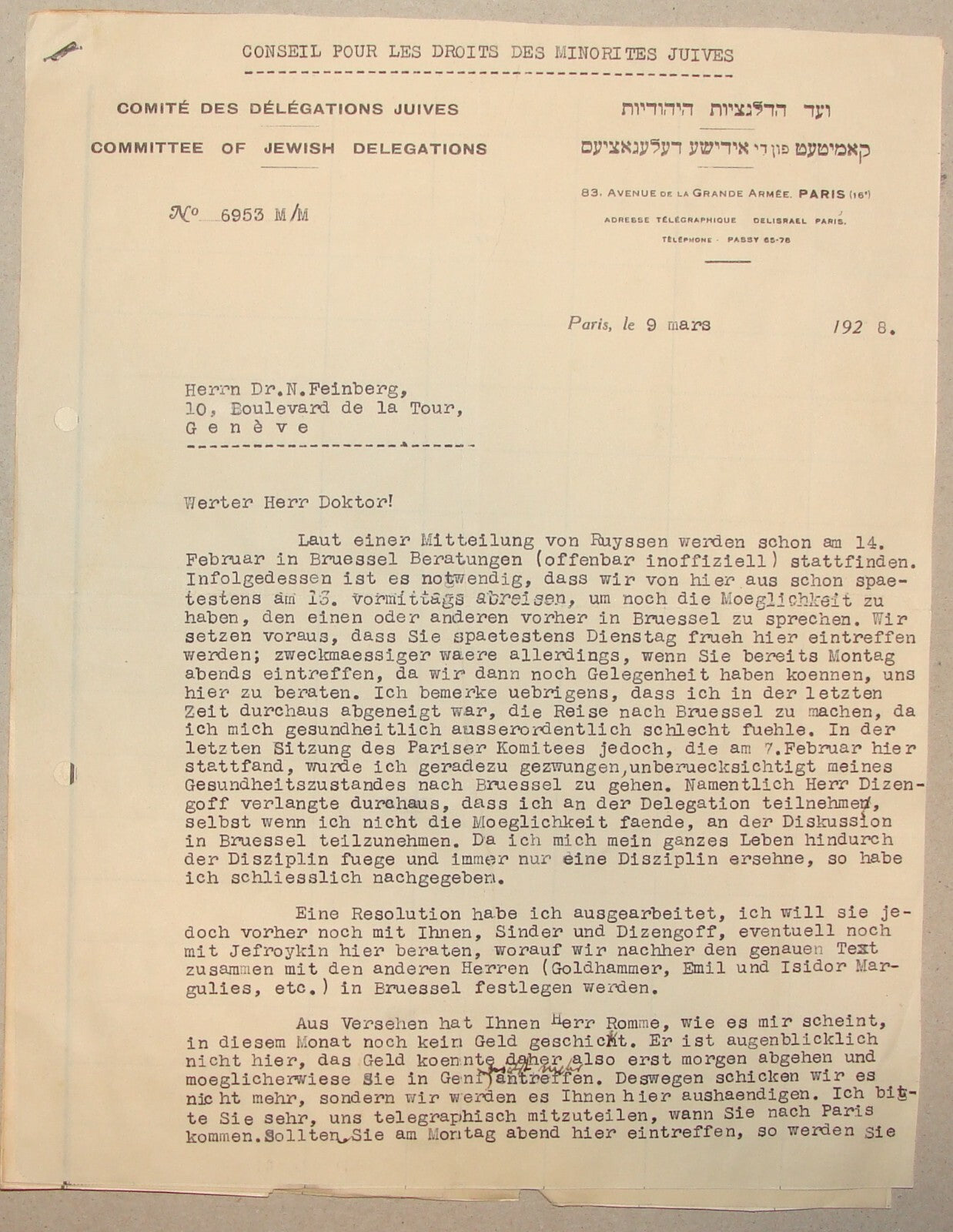 Letter Jewish 1928 Paris LEO MOTZKIN SIGNED Feinberg Zionist Committee German