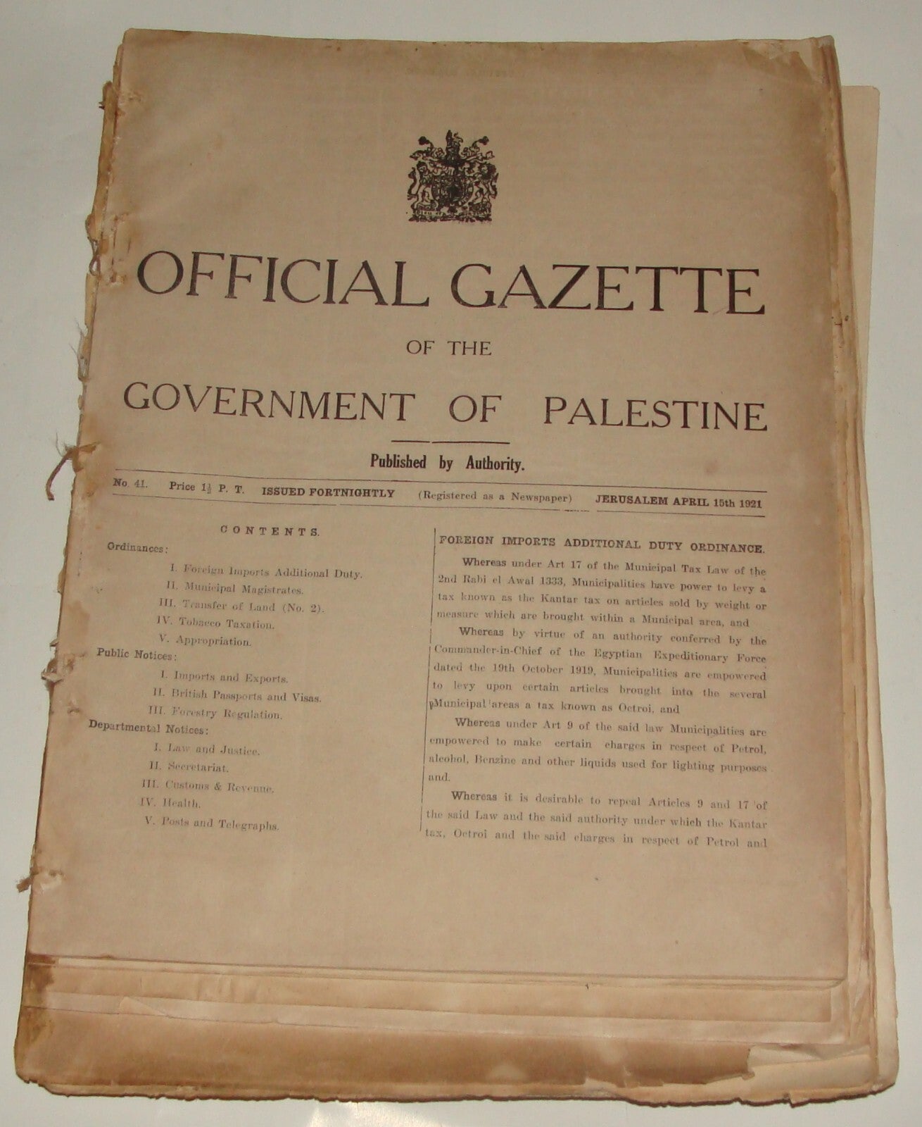 Pol Newspaper Palestine RARE British Government of Gazette 1921 ENGLISH & HEBREW