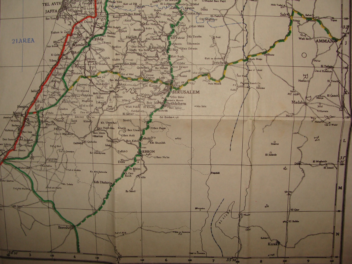RARE 1945 WWII British Army Military Palestine Israel CONVOY ROUTES Map