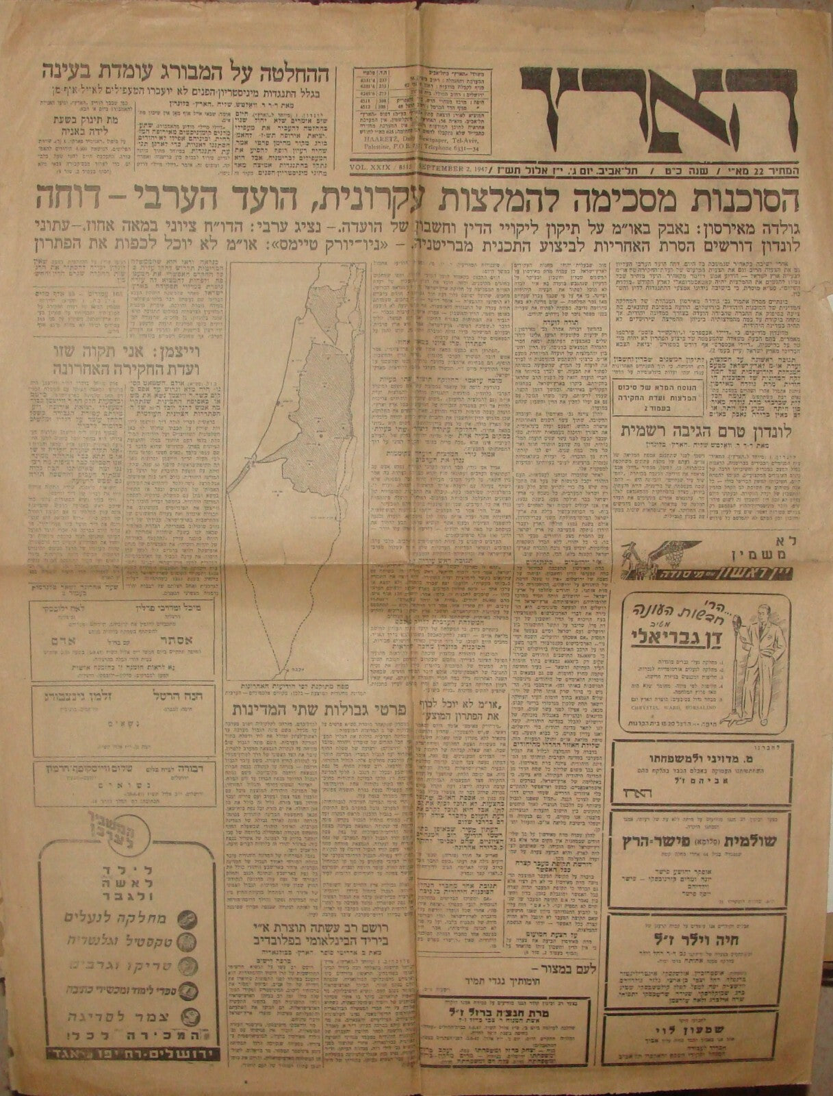 Jewish 1947 Palestine Israel Newspaper Partition Plan Map Talks Arab Deny Hebrew