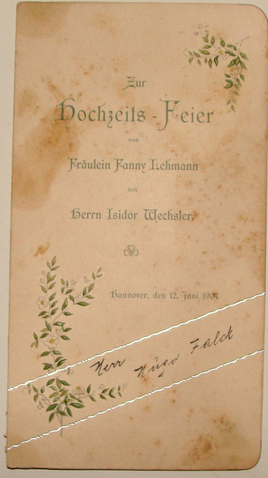 Germany Jewish Judaica 1904 German Hannover LIEHMANN WECHSLER Wedding Invitation