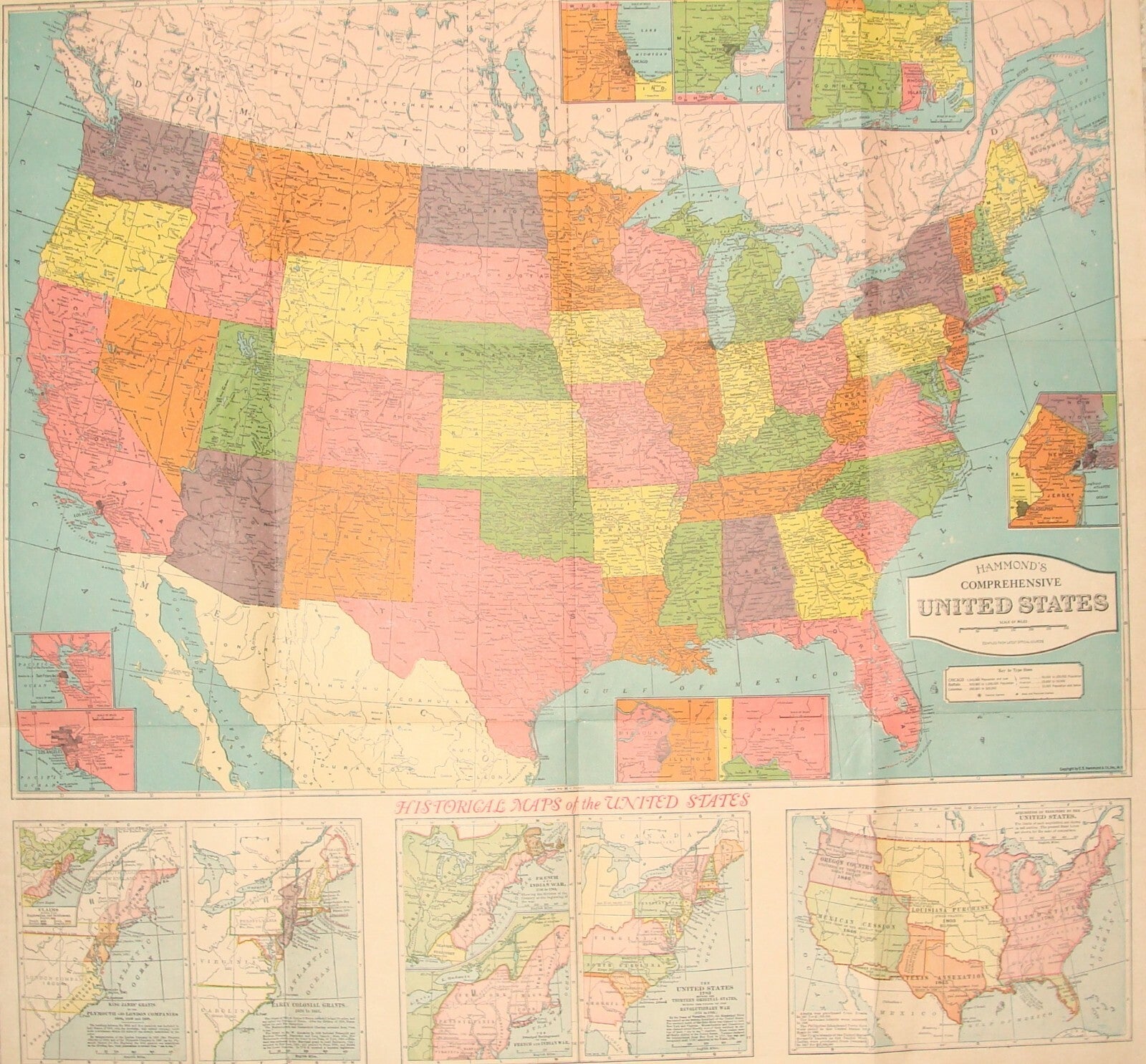 RARE Hammond's Map Of The United States C.S. HAMMOND 1920s