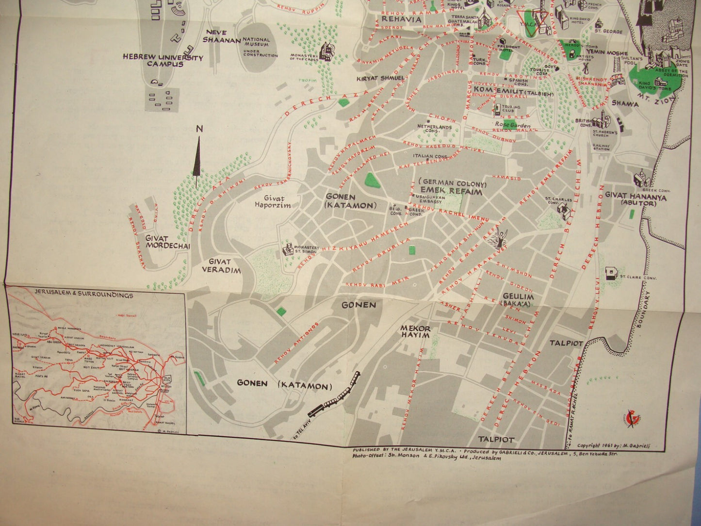 Map Jewish Judaica 1961 Israel JERUSALEM Pictorial Pre Six Day War YMCA Guide