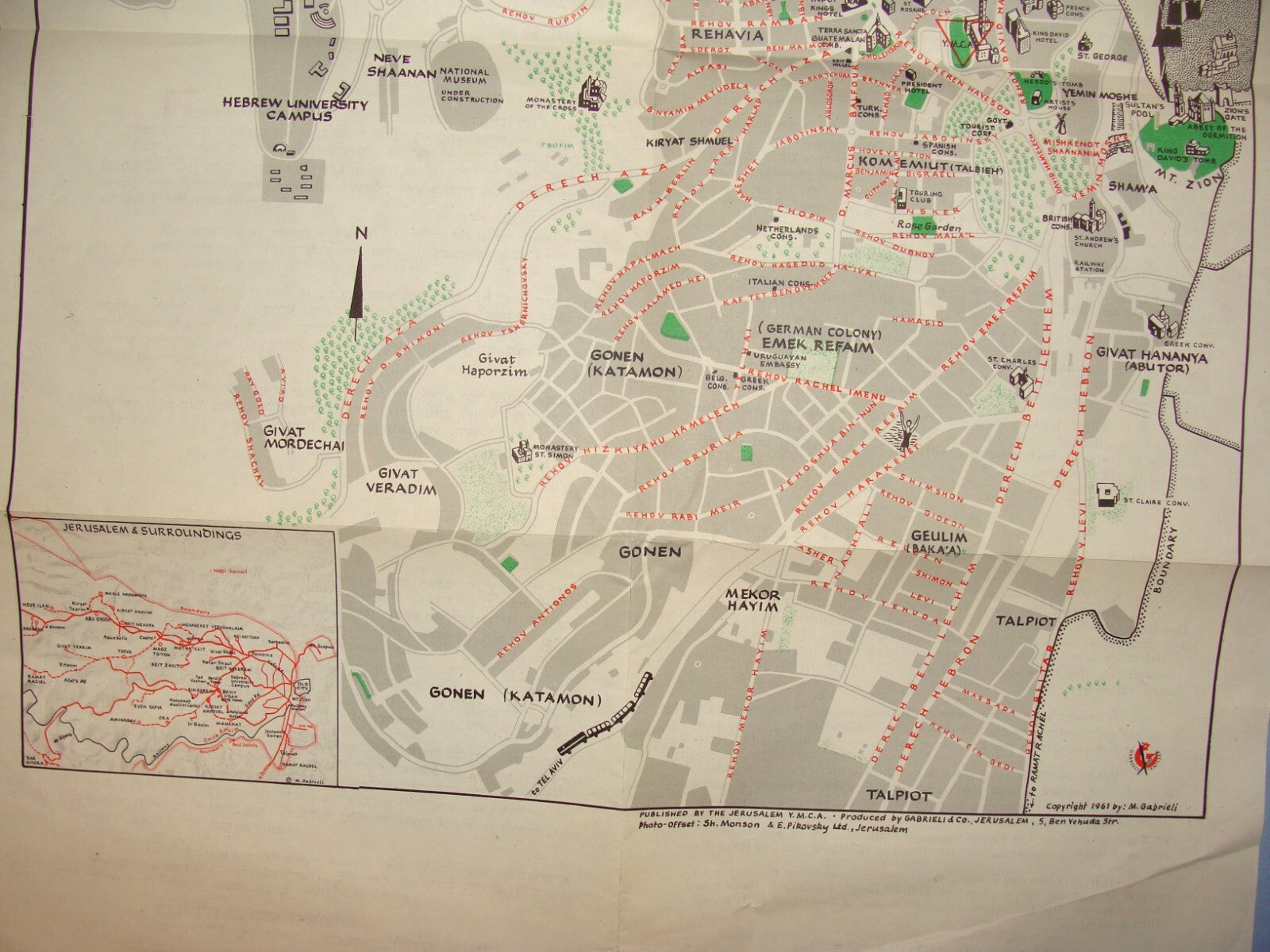 Map Jewish Judaica 1961 Israel JERUSALEM Pictorial Pre Six Day War YMCA Guide