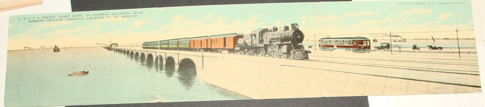 1910 Causeway Galveston Texas Railway Train Postcard Fold
