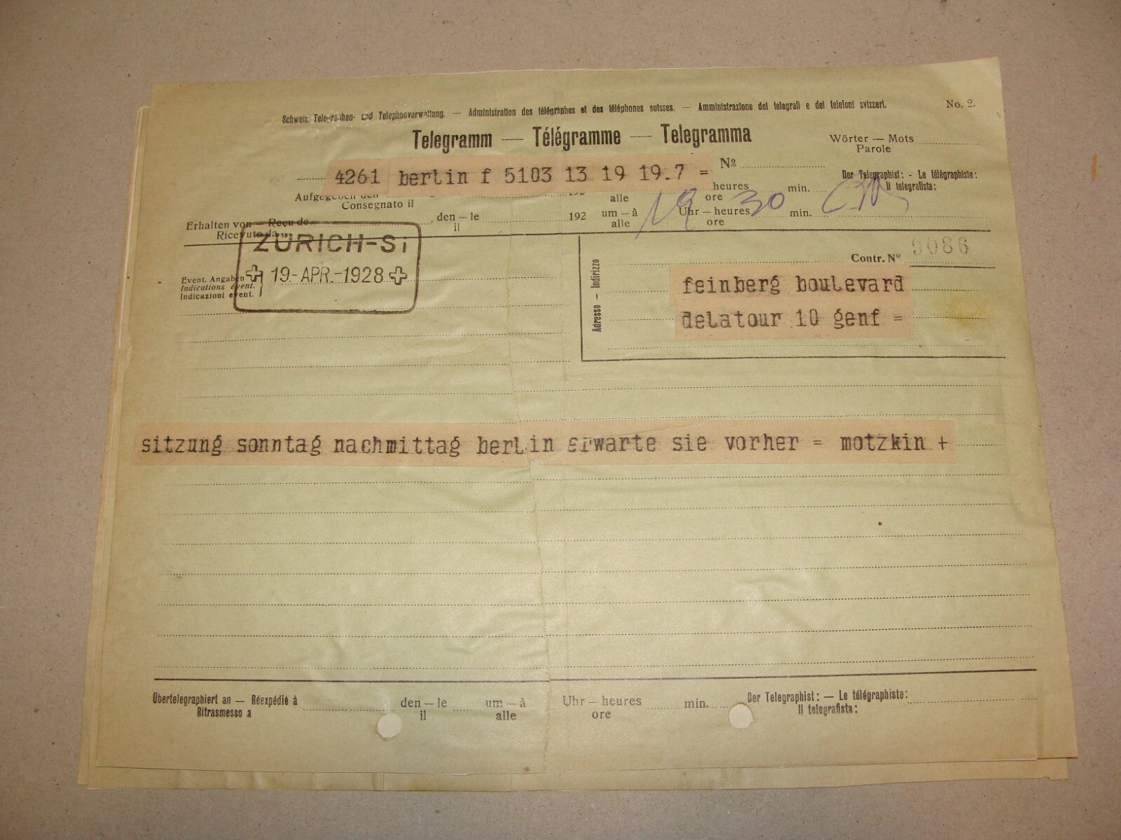 Letter Jewish 1928 LEO MOTZKIN Telegram To Feinberg Geneve Zionist Zurich German