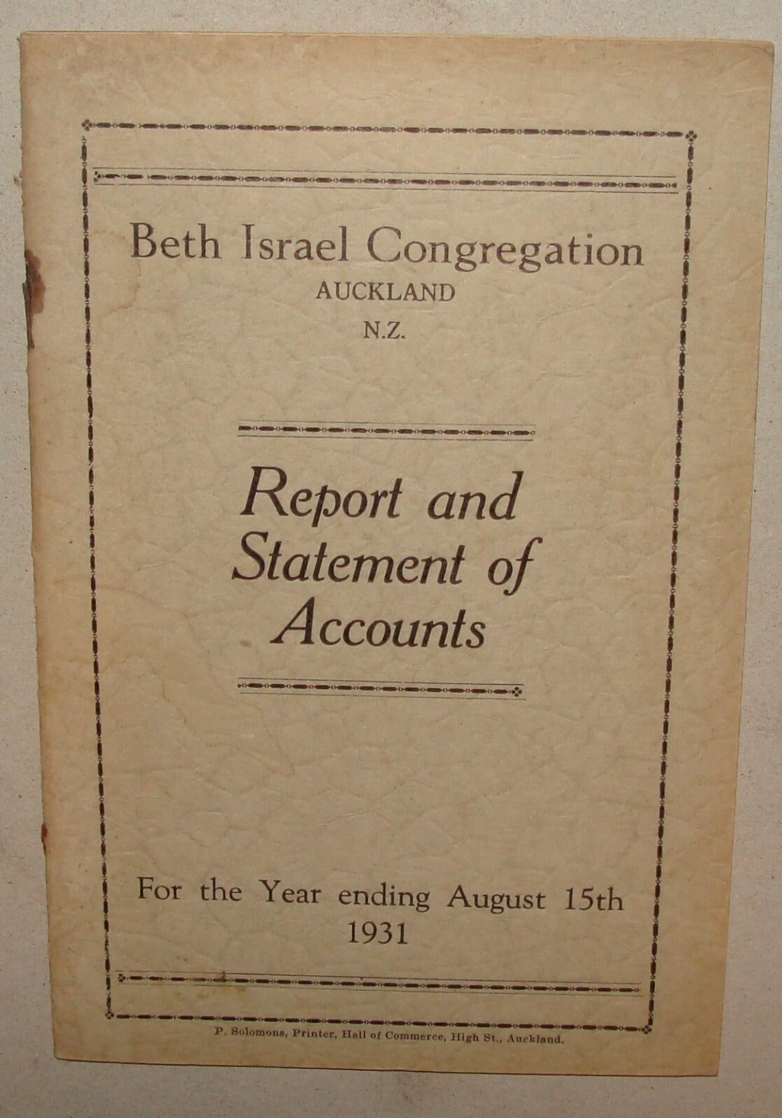 Report Jewish Judaica 1931 Beth Israel Congregation Auckland New Zealand
