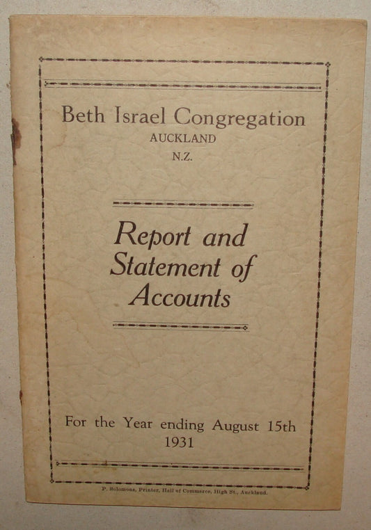 Report Jewish Judaica 1931 Beth Israel Congregation Auckland New Zealand