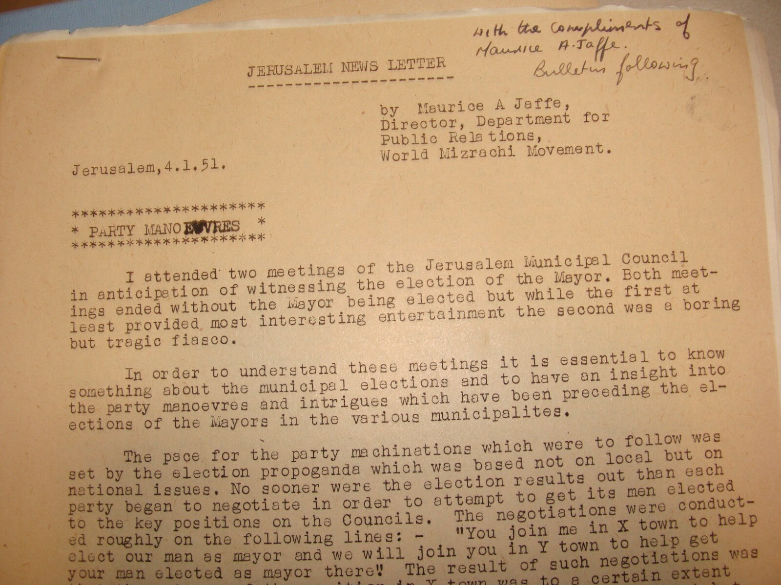 Letter Jewish RARE 1950-51 Israel Rabbi MAURICE JAFFE Jerusalem News x6 Zionist