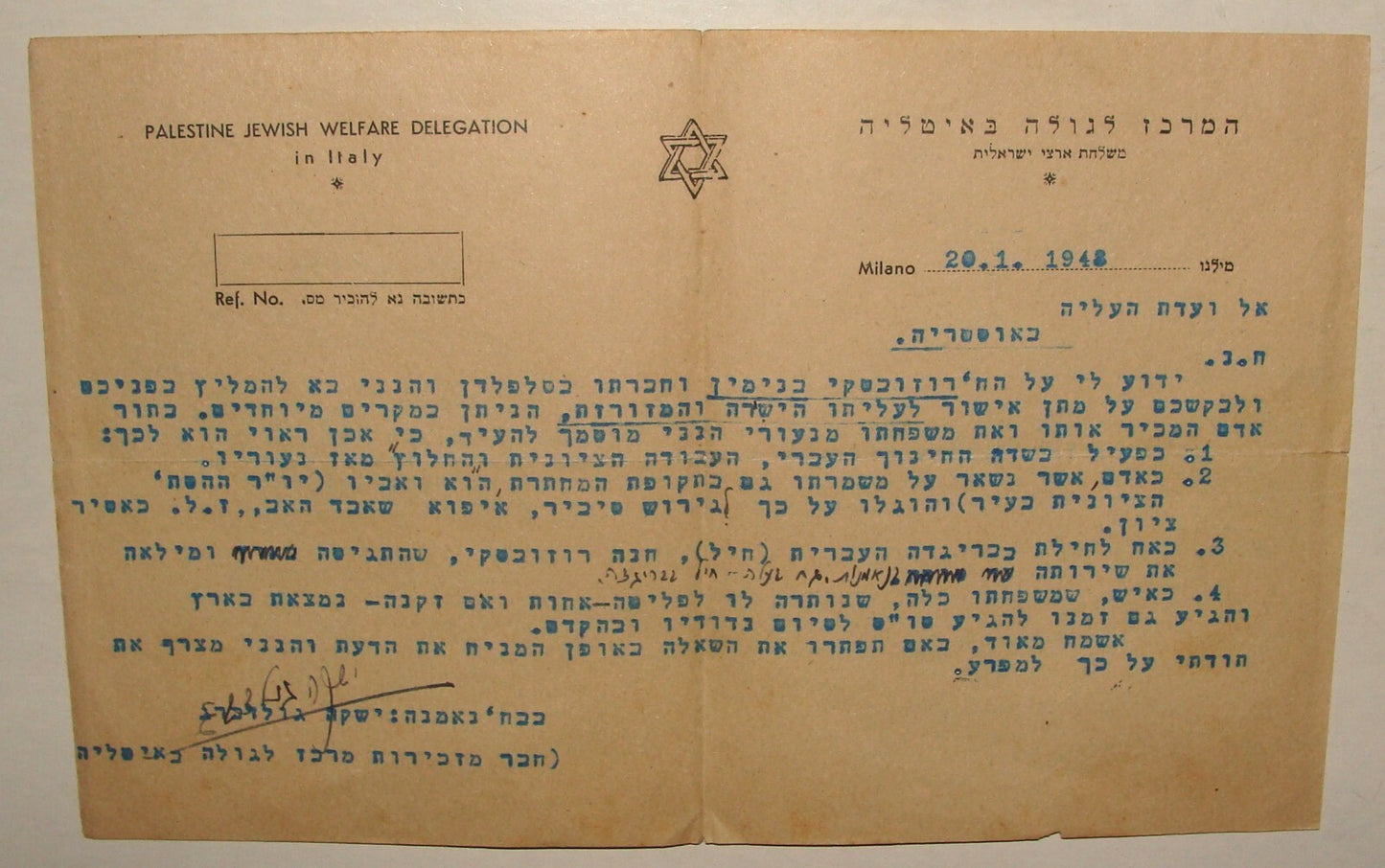 Letter Palestine Judaica 1948 Italy Jewish Diaspora Hebrew Austria Immigrant Aid