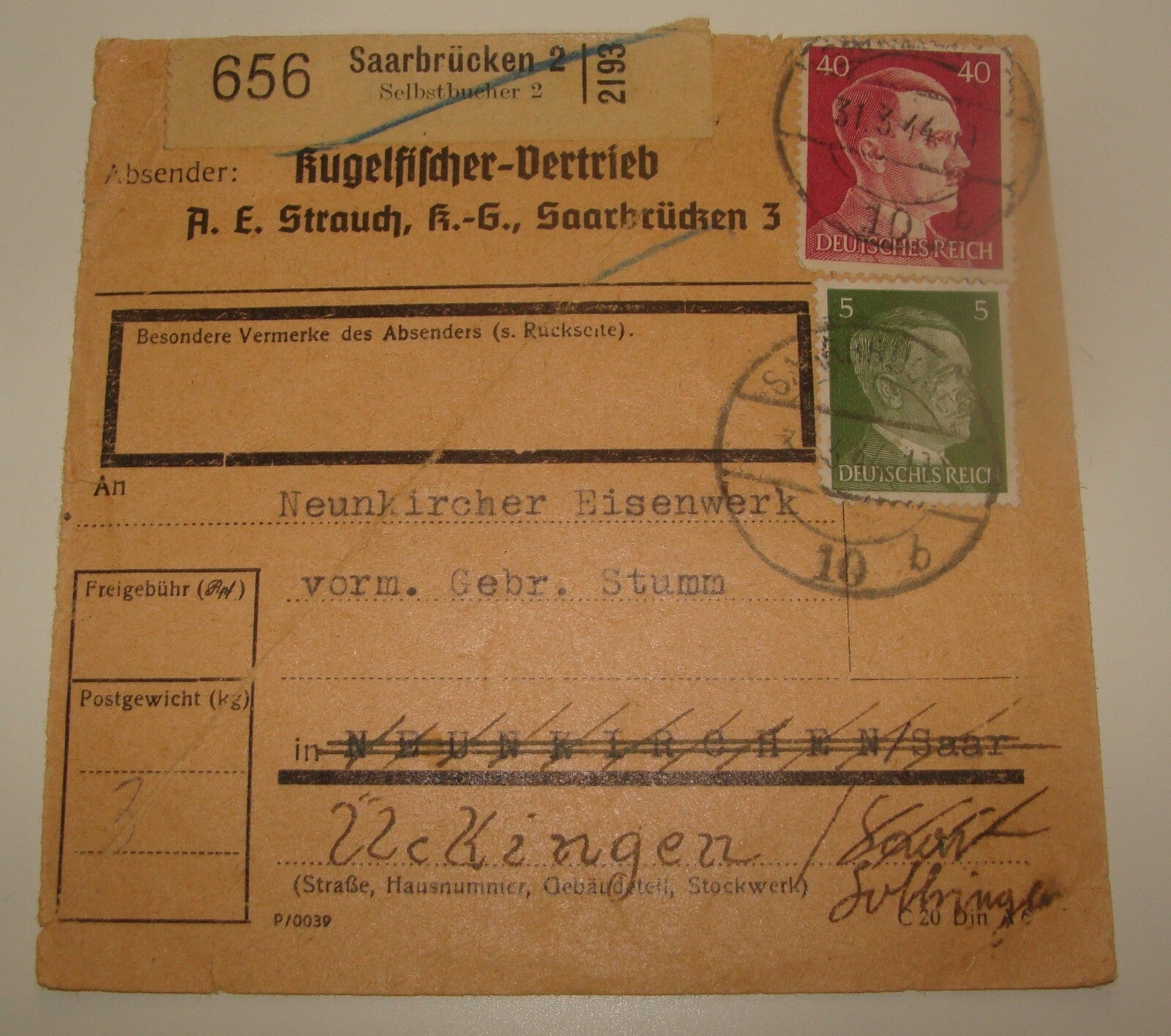 Germany German 1944 WWII Stamp Letter Saarbrucken Neunkircher Eisenwerk War Card