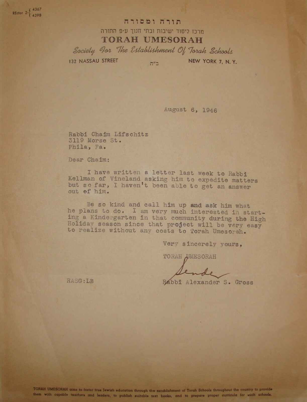 Letter Jewish American Judaica Rabbi Alexander Gross Signed New York