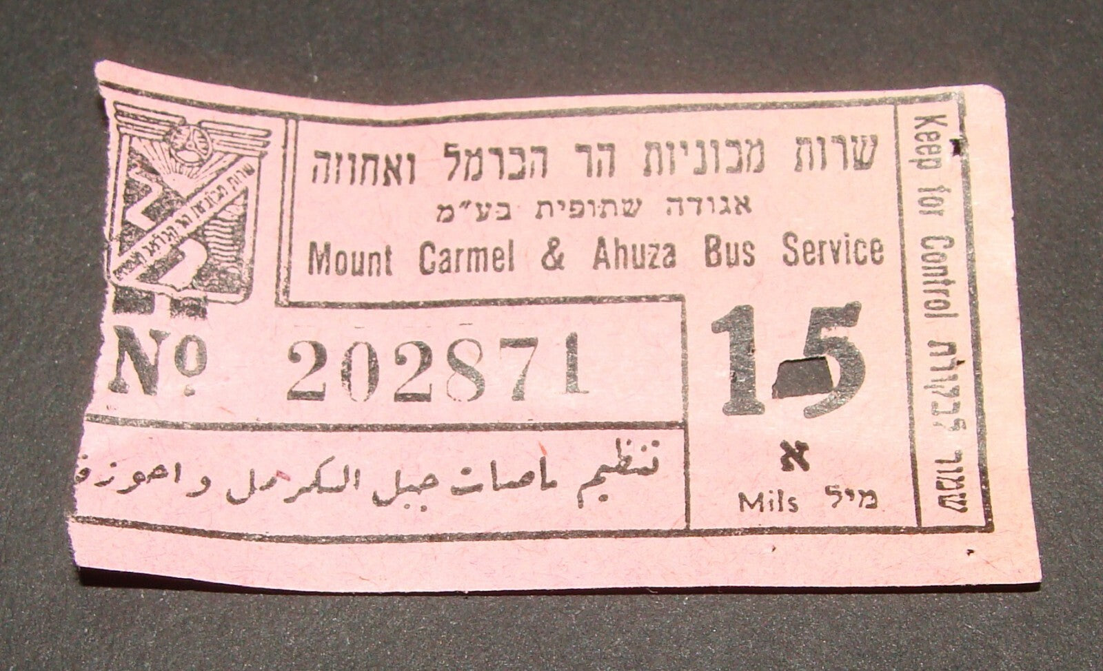 Ticket Palestine Jewish Judaica Israel 1930s Haifa Mt Carmel Bus Transport Card