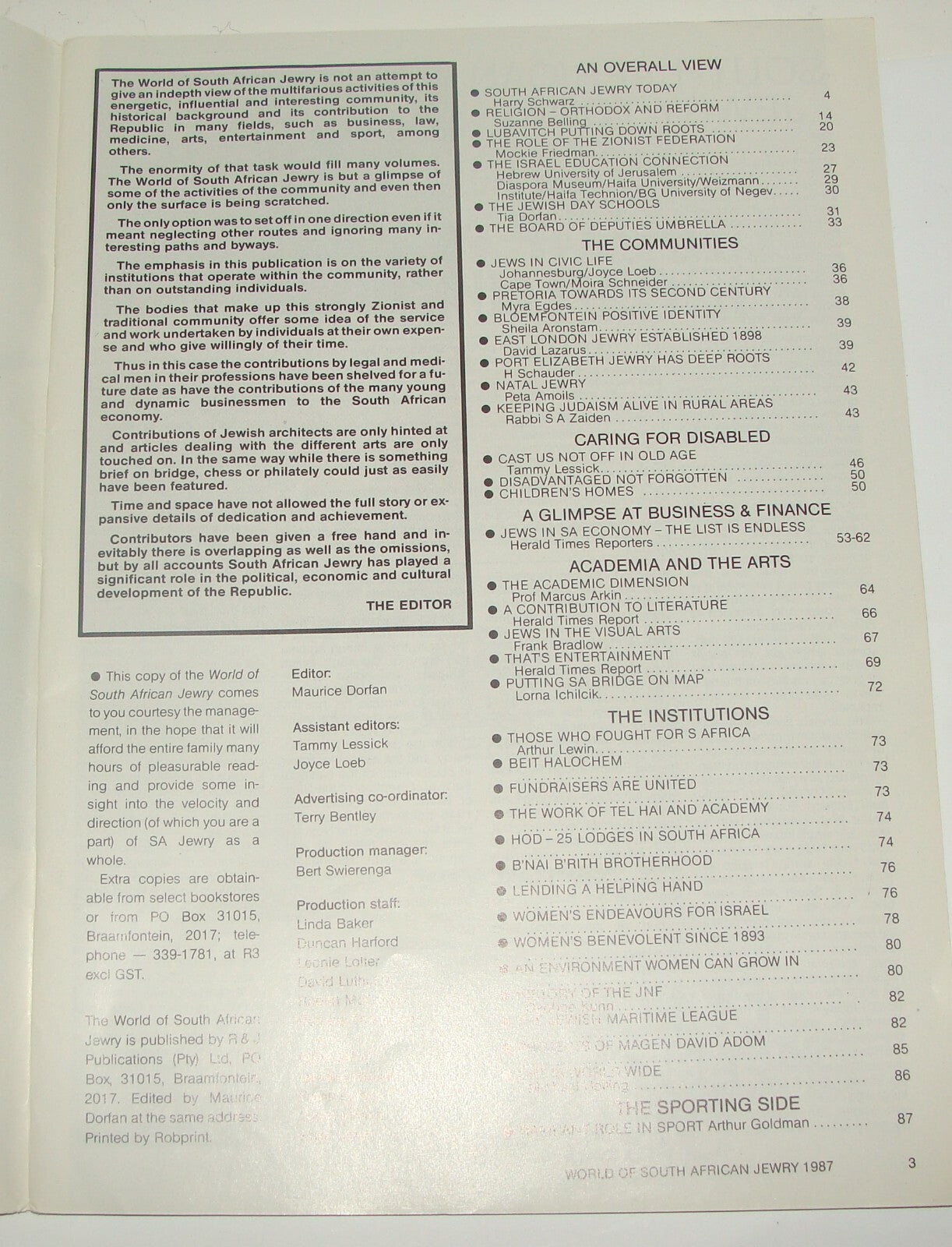 Magazine Jewish Judaica 1987 World of South Africa Jewry Zionist