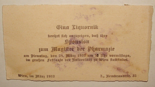 Card Jewish Judaica LIQUORNIK 1933 Austria Vienna University German Certificate