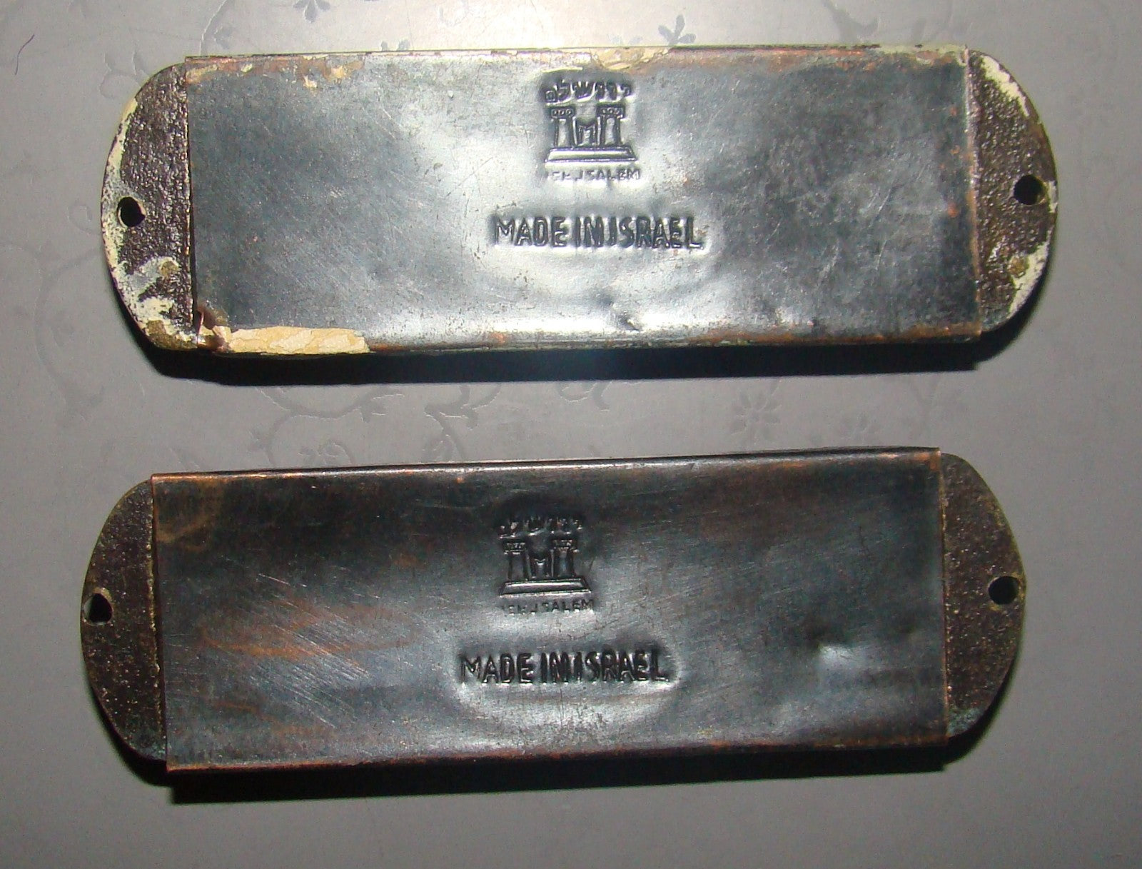 Jewish Judaica Vintage Israel Jerusalem Copper Mezuzah Scroll Case x2