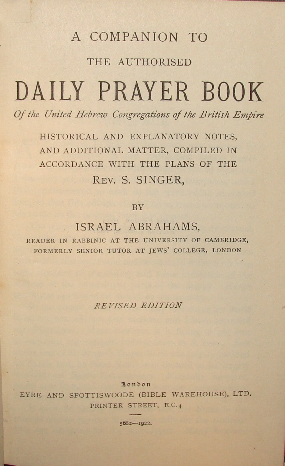 Book Jewish Judaica 1922 London Prayer United Hebrew Congregation Rabbi