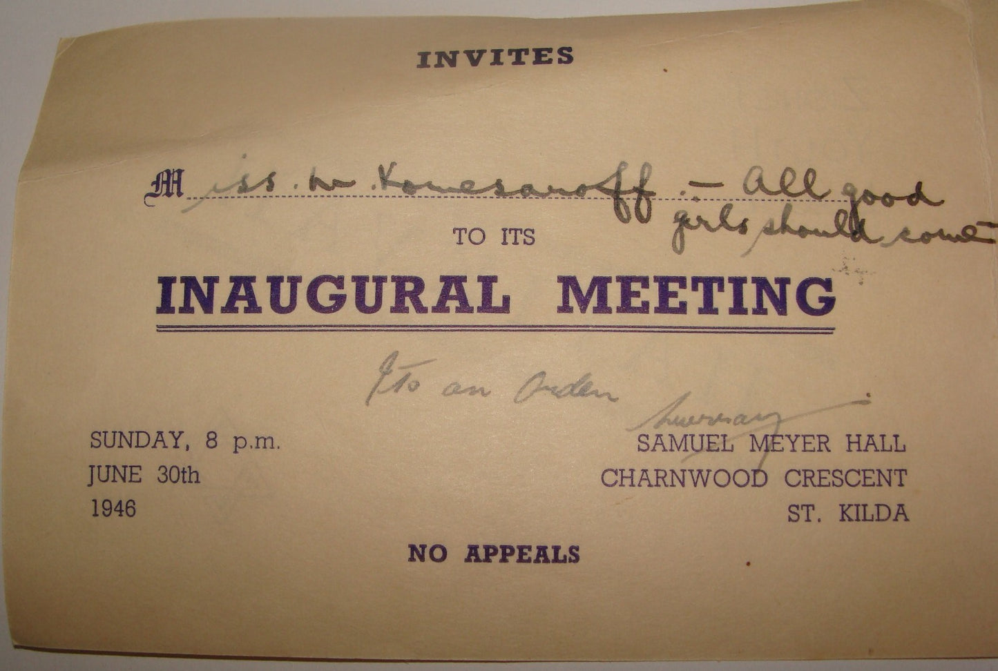 Card Jewish Judaica Australia 1946 Zionist Youth League Hatikvah Meeting