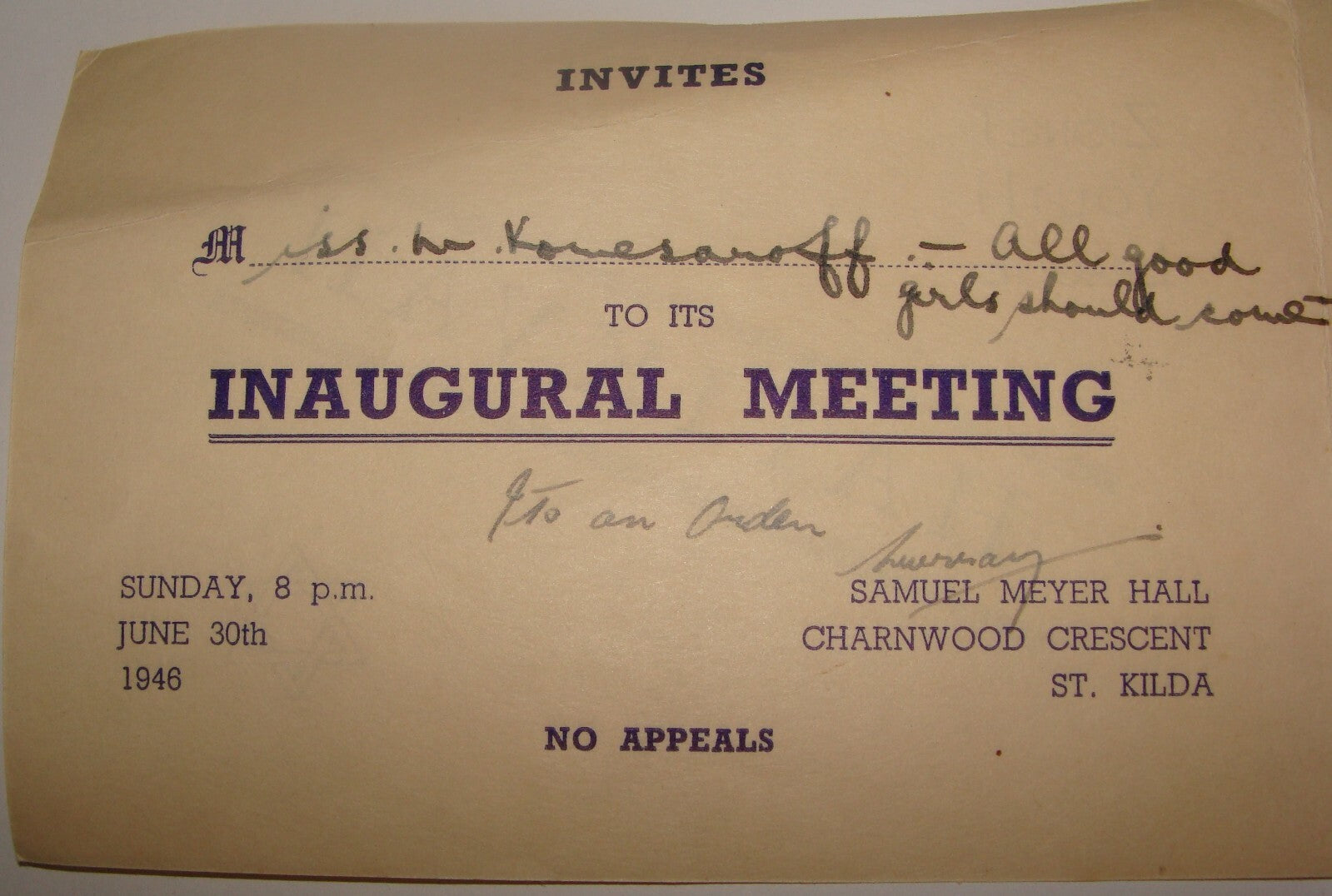 Card Jewish Judaica Australia 1946 Zionist Youth League Hatikvah Meeting