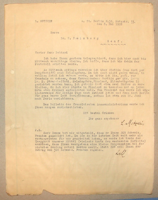 Germany Letter Jewish 1928 German   LEO MOTZKIN Signed To Feinberg Zionist